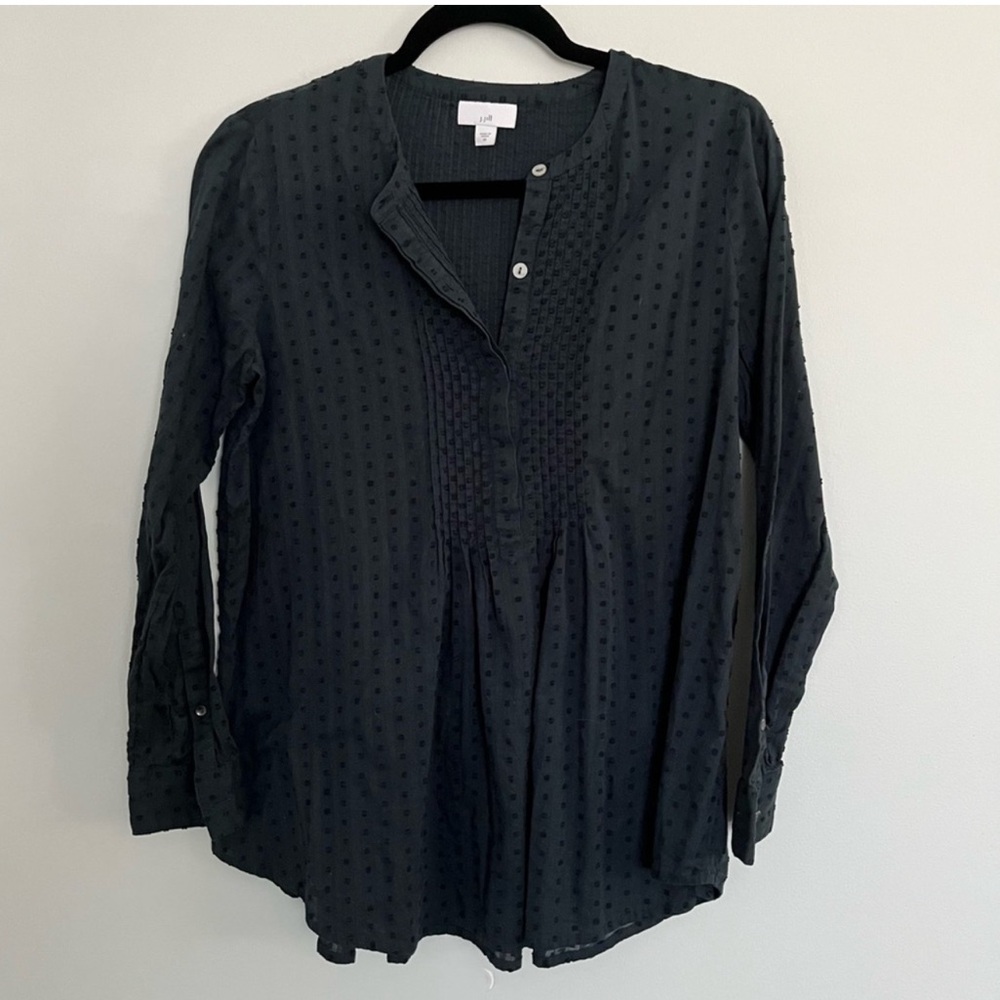 J.Jill Cotton Swiss Clip Dot Popover Pleated Textured Tunic Blouse Green Medium